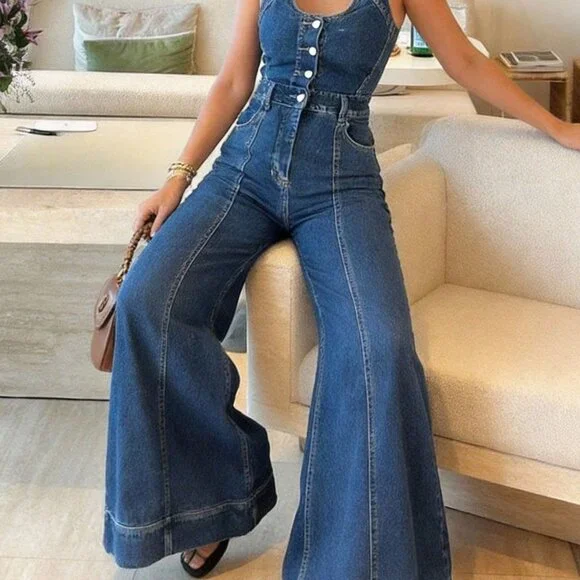 Blue Casual Sleeveless Wide-Leg Women's Jumpsuit with Button Front High Waist - Picture 2 of 3